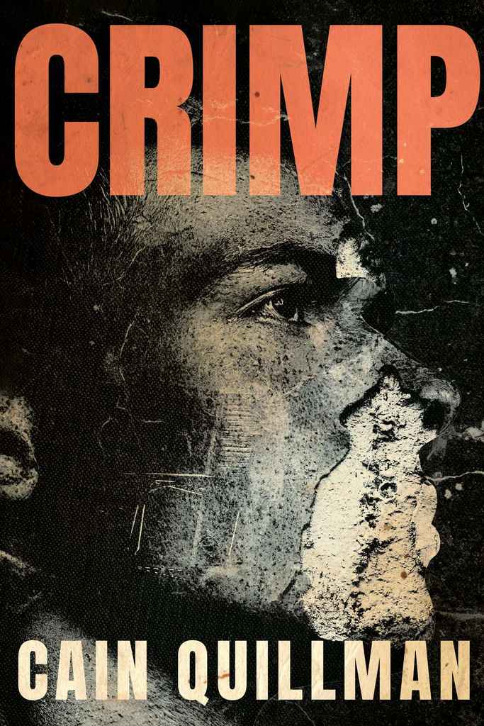 Crimp book cover design by Matthew R. featuring a distressed black-and-white profile of a face beneath oversized orange title lettering.