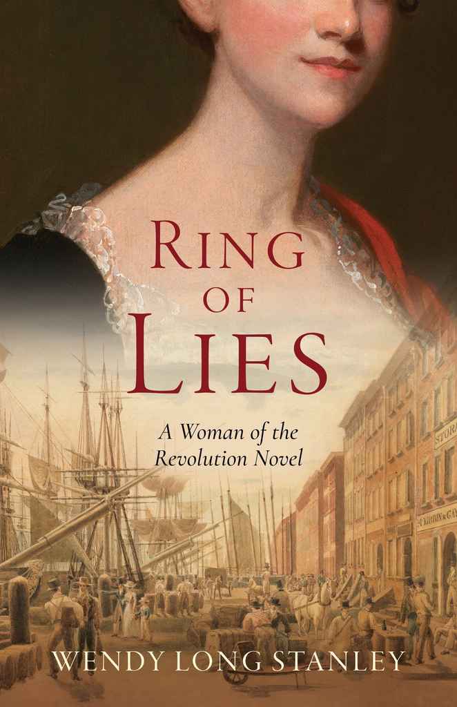 Ring of Lies book cover design by Danna S. featuring a cropped portrait of a woman above a sepia harbor scene, with burgundy serif lettering.