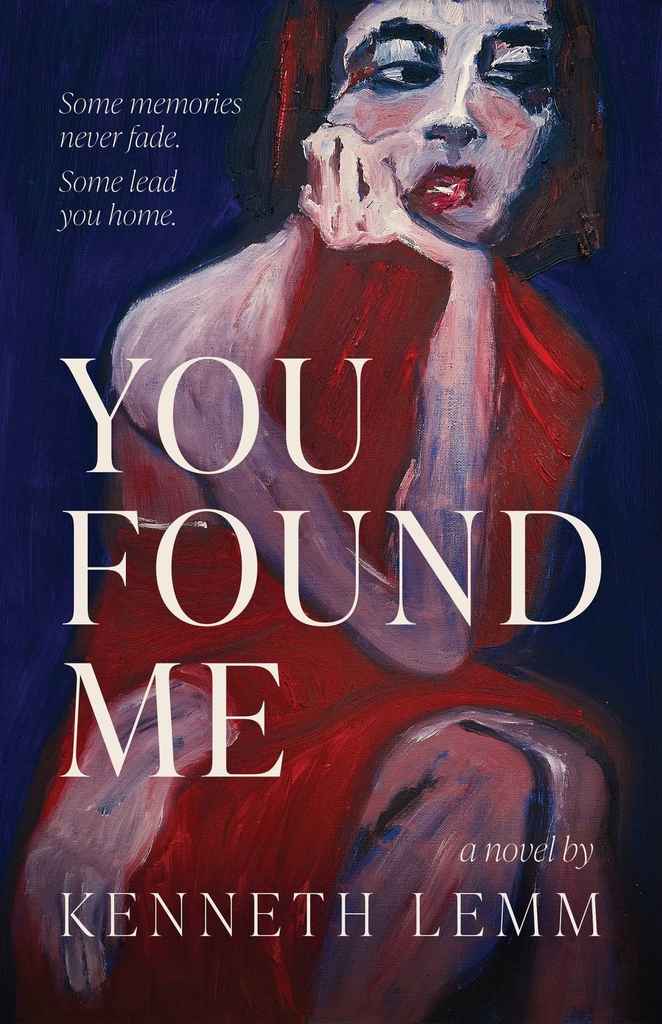 You Found Me book cover design by Danna S. featuring a painted portrait of a woman resting her chin on her hand, with white serif lettering over deep blue and red.