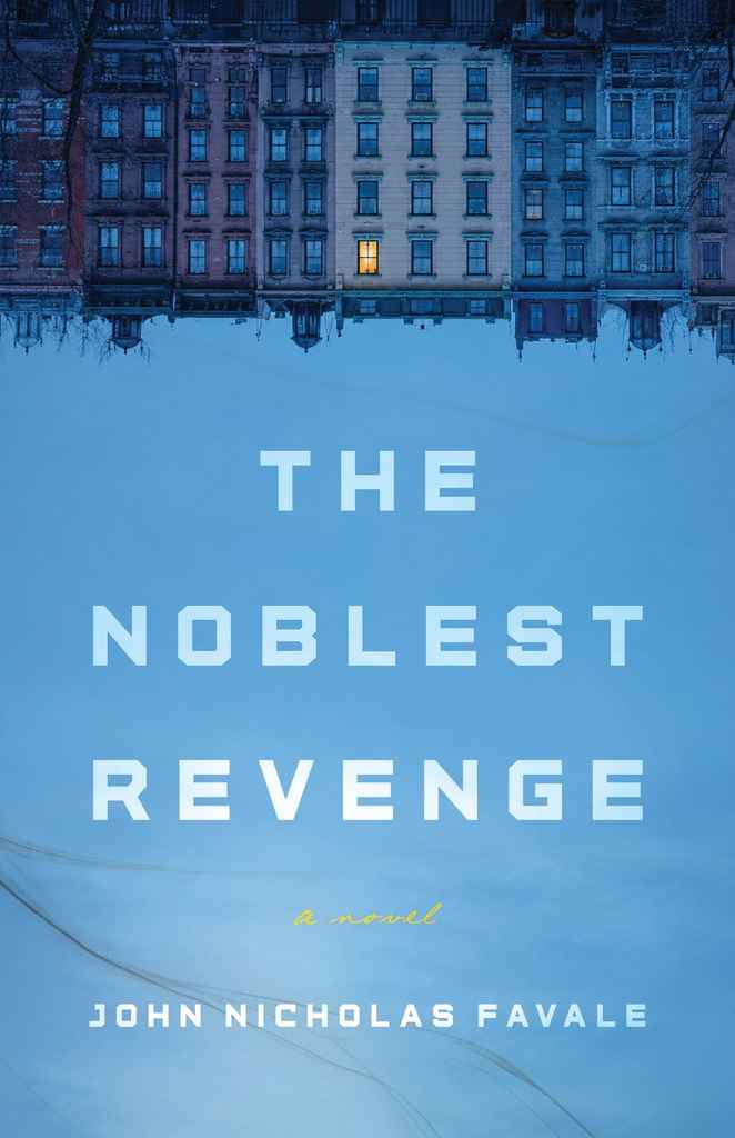 The Noblest Revenge book cover design by Mark K. featuring an upside-down row of city buildings above pale blue space, with one yellow-lit window and widely spaced white lettering.