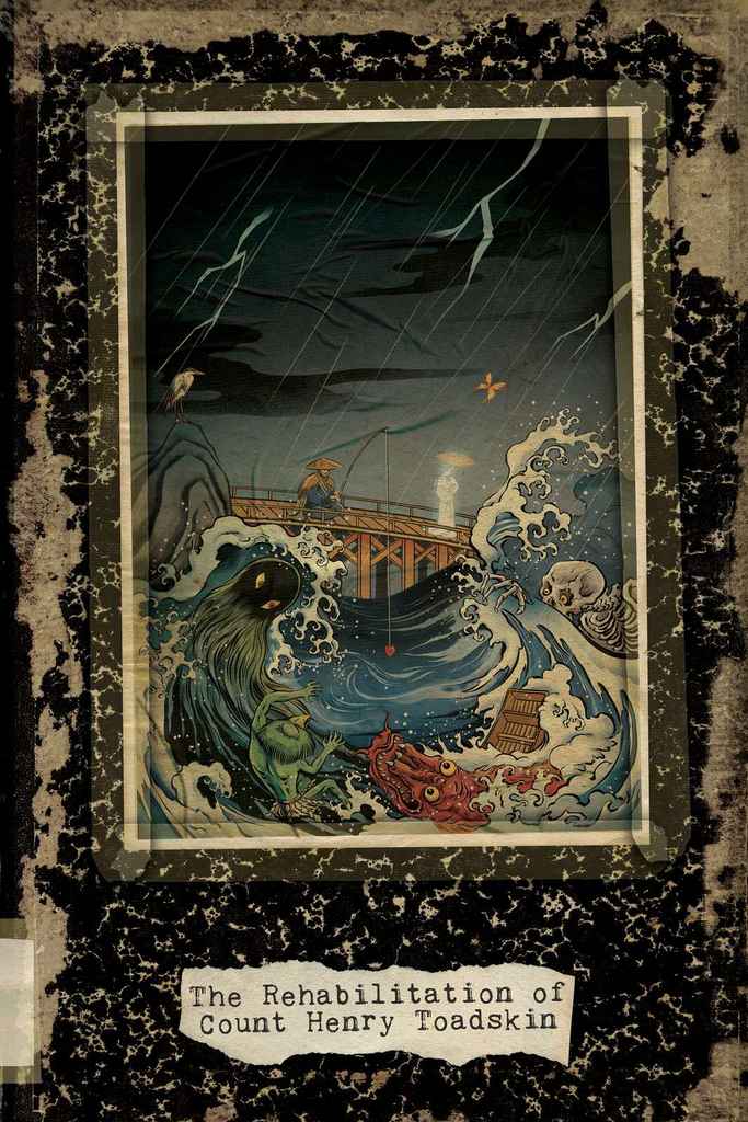 The Rehabilitation of Count Henry Toadskin book cover design by Matthew R. featuring a ship tossed by curling waves beneath a dark rainy sky, framed by cream borders and a distressed black surround.