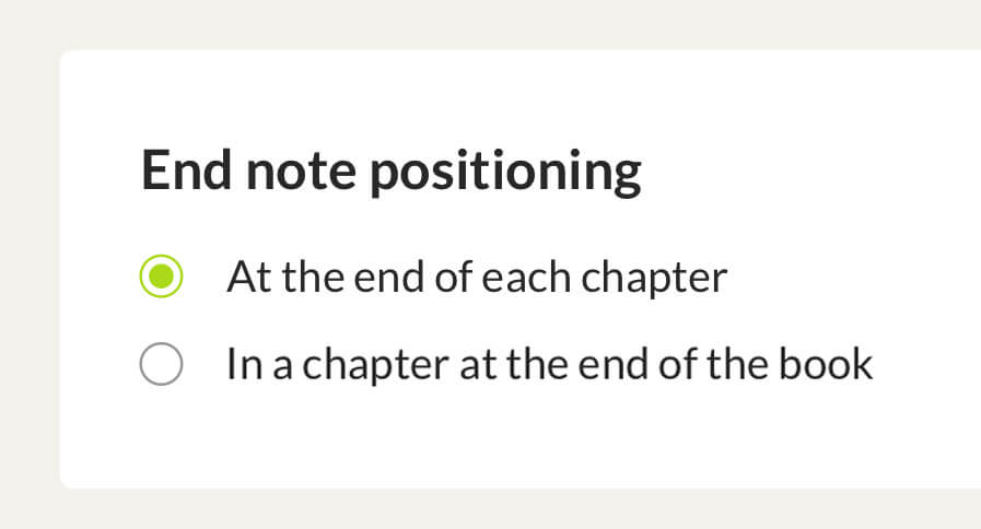 End note positioning for EPUB ebooks: at the end of the chapter or the book
