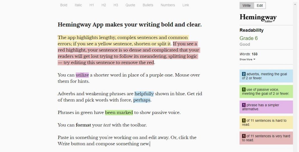 The Hemingway app running in a browser